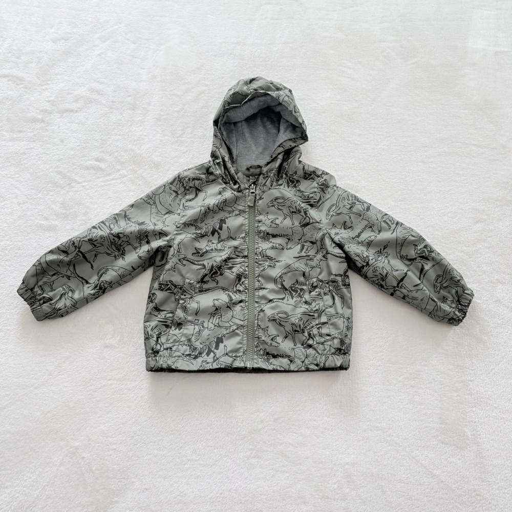 Carters Toddler Boys 2T Dinosaur Print Hooded Windbreaker Jacket Sage Green Zip